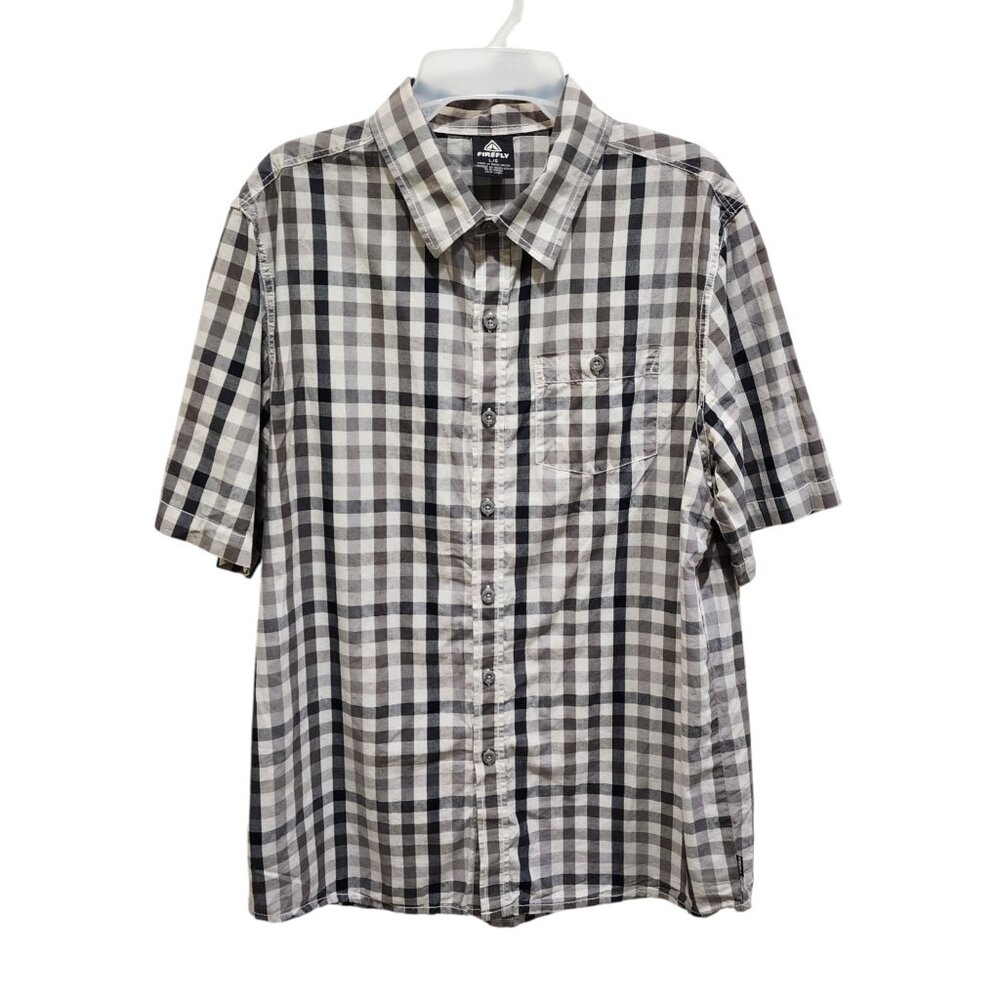 Firefly Men's L Short Sleeve Button Up Shirt Gray Black Check Plaid 100% Cotton